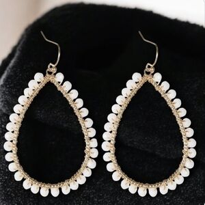 White Beaded Teardrop Earrings, Boho Hoop Earring
